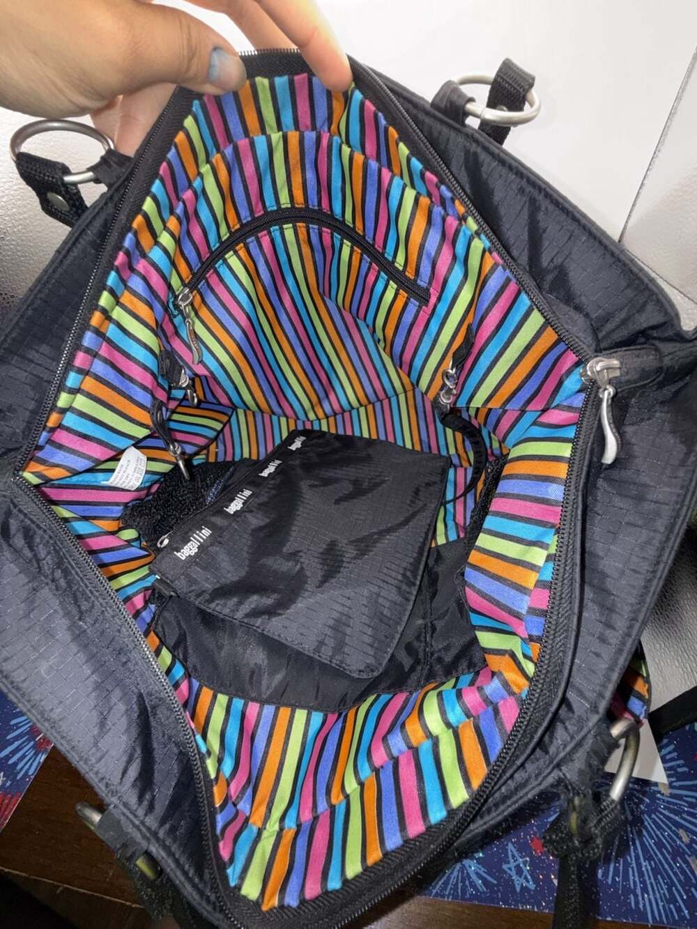 Baggallini Multicolored Geometric Pattern Nylon Tote Bag with Striped Interior - Picture 3 of 10